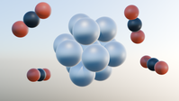 Molecules with blue and red spheres representing atoms, arranged around a larger cluster.