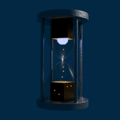 Stylized hourglass with cubes and small particles falling through the center on a dark blue background.